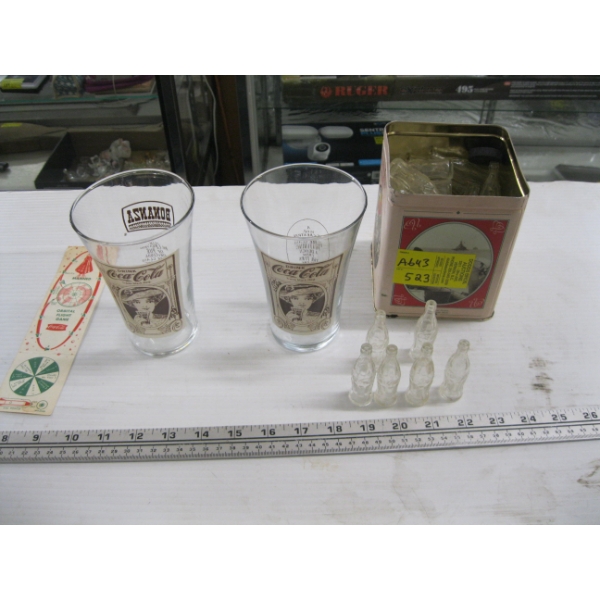 COLLECTABLE COCA COLA MINI BOTTLES, CANNISTER, GLASSES, ETC.
