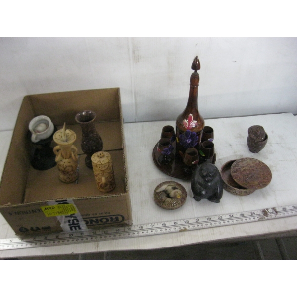 MISC. WOODEN DECANTER SET, ETC.