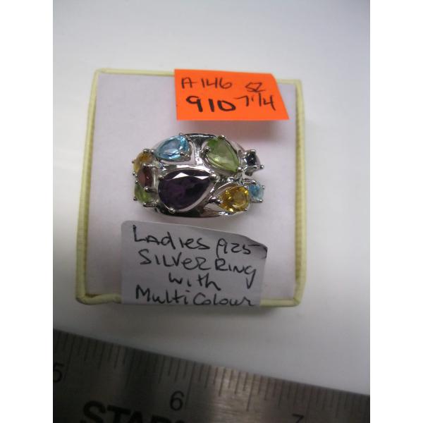 LADIES .925 SILVER RING W/MULTI COLORED STONES