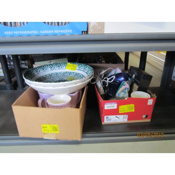 2 FLATS OF MISC. DISHES, BLOW-DRYER, ETC.