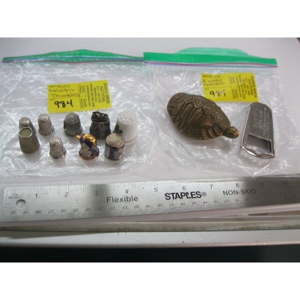 COLLECTOR THIMBLES & A COLLECTABLE BOTTLE OPENER & TURTLE FIGURINE
