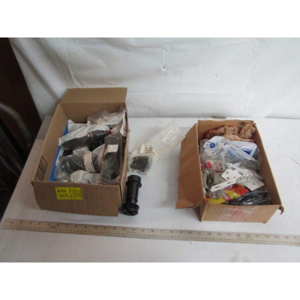 2 BOXES OF ASST. HINGES, LEVELLING SUPPORTS, ETC.