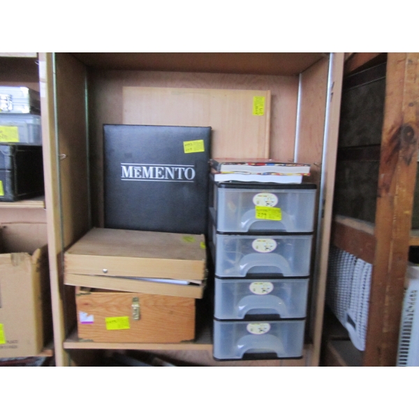 MISC. CARTOON BOOKS, DRAWING CASES, PLASTIC STORAGE BIN, ETC.