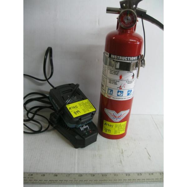 FIRE EXTINGUISHER & A RADLEY BATTERY & CHARGER