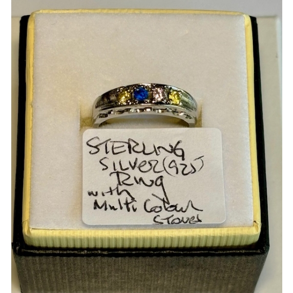 SZ 6 STERLING SILVER .925 RING W/MULTI COLORED STONES