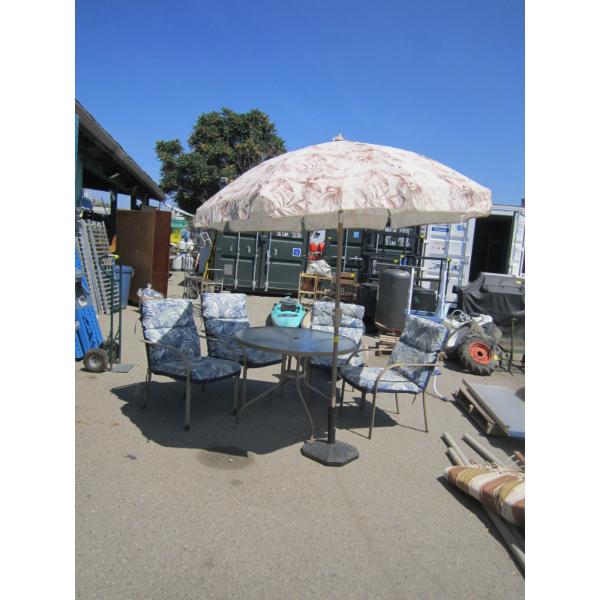 ROUND GLASS PATIO TABLE, 4 CHAIRS & UMBRELLA