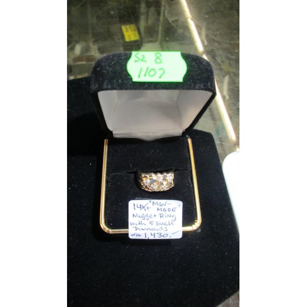 14KT MAN MADE NUGGET RING W/5 SMALL DIAMONDS, W/A $1,430, SZ 8