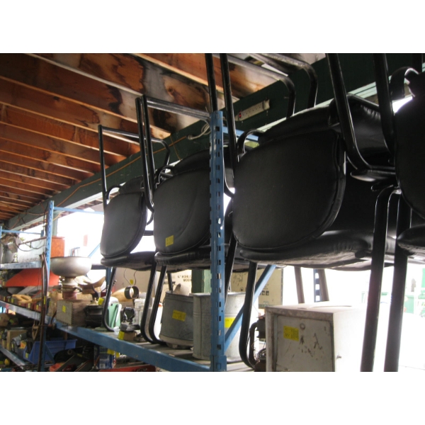 6 UPHOLSTERED METAL FRAMED BLACK ARMCHAIRS
