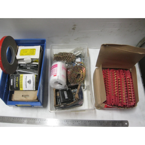 2 BINS & A BOX OF ASST. FASTENERS, STAPLES, ETC.