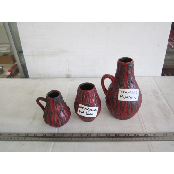 3 WEST GERMAN FAT LAVA & RUBIN CERAMANO VASES