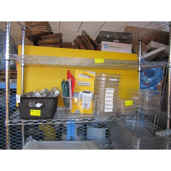 BASKET OF COPPER SKIMMERS, CLEAR FOOD PANS, ETC.