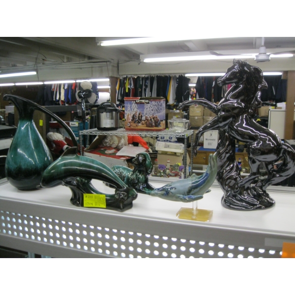 5 FIGURINES:  3 ARE BLUE MOUNTAIN POTTERY