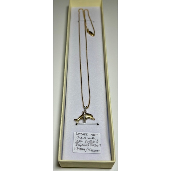 LADIES 14KT 17” CHAIN W/10KT DOLPHIN & DIAMOND PENDANT - 5G
