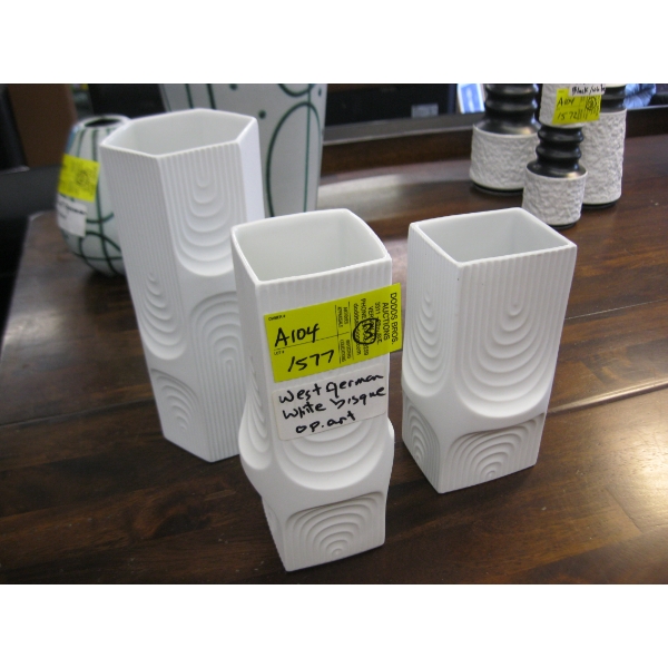3 WEST GERMAN WHITE BISQUE OP ART VASES