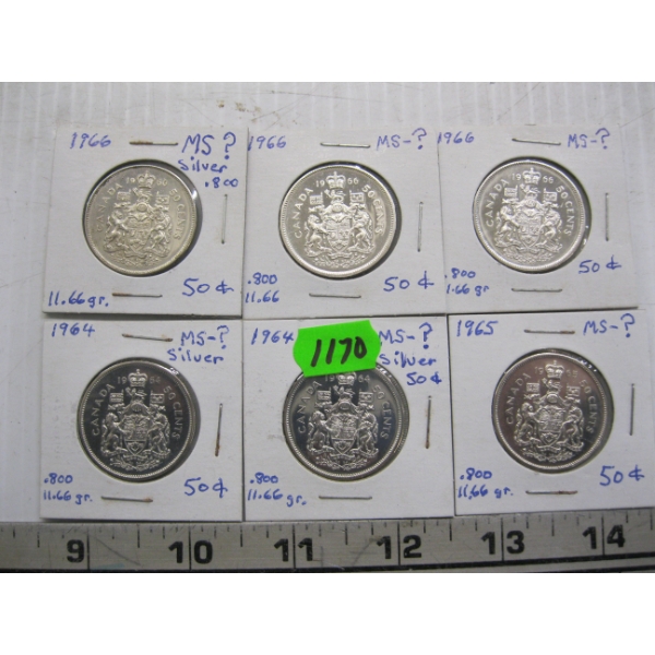 6 CDN SILVER 50 CENT PIECES
