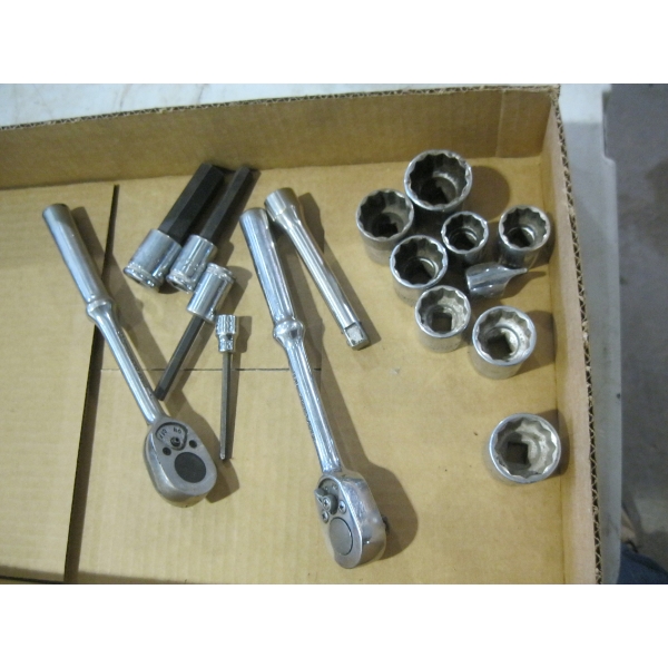 BOX W/ASST'D GREY TOOLS, RATCHETS, SOCKETS