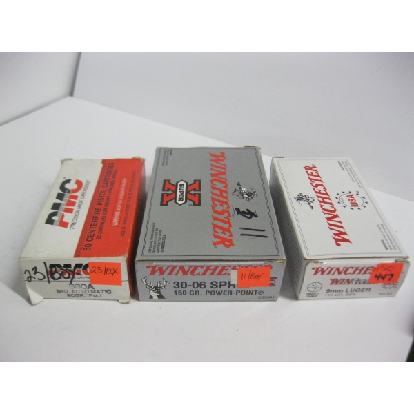 MISC. AMMO:  WIN 30-06 SPRG|WIN 9MM LUGER 115GR|PMC 380AUTO 90GR FMJ|WINCHESTER 9MM LUGER 115GR