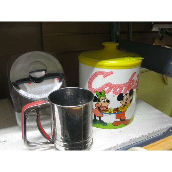 MICKEY MOUSE COOKIE TIN, SIFTER & GLASS CANNISTER