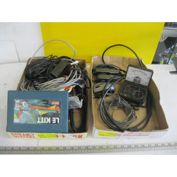 2 BOXES OF MISC. HEADPHONES, ELECTRICAL TESTER, CABLES, ETC.