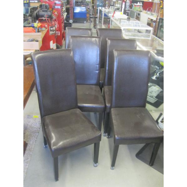 6 UPHOLSTERED BROWN DINING CHAIRS - 1 W/EDGE COMING OFF
