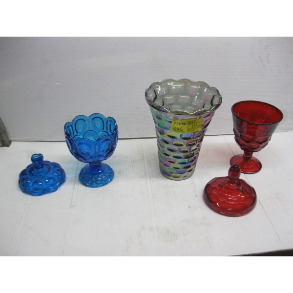 3 COLORED GLASS ITEMS - 1 VASE & 2 LIDDED DISHES