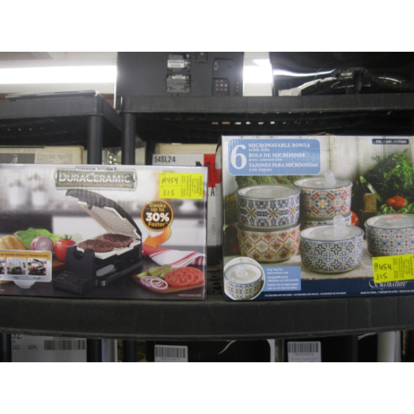 6 PIECE MICROWAVE BOWL SET W/LIDS & AN OSTER MINI GRILL