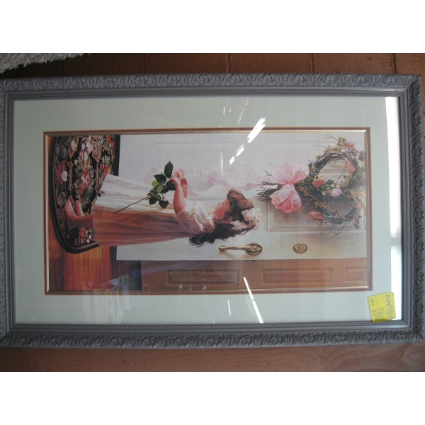 LG. FRAMED PRINT OF GIRL W/ROSE