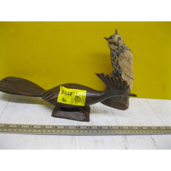 CARVED HORN OWL & ROAD RUNNER FIGURINE