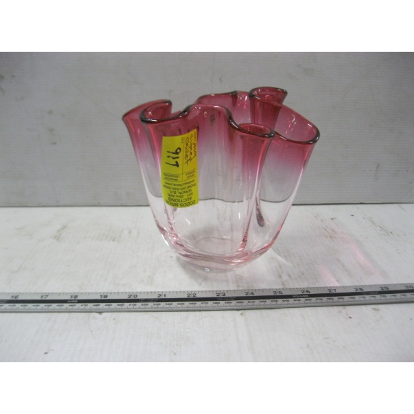 SIGNED PINK CHALET GLASS ART