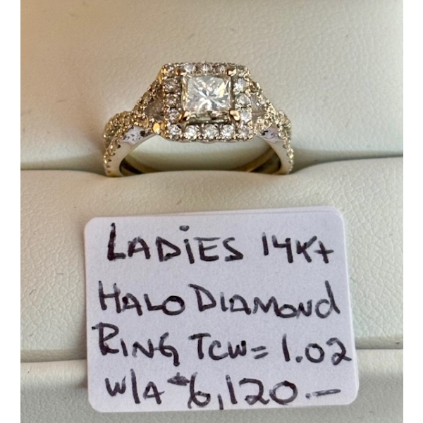 LADIES 14KT HALO DIAMOND RING TCW = 1.02 W/A $6,120. - SZ 4 3/4