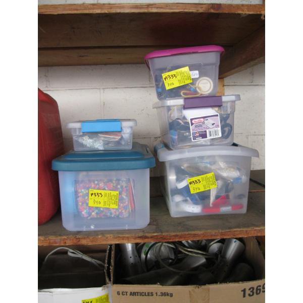 5 SM. BINS OF ASST. CRAFTING ITEMS, SEWING SUPPLIES, ETC.