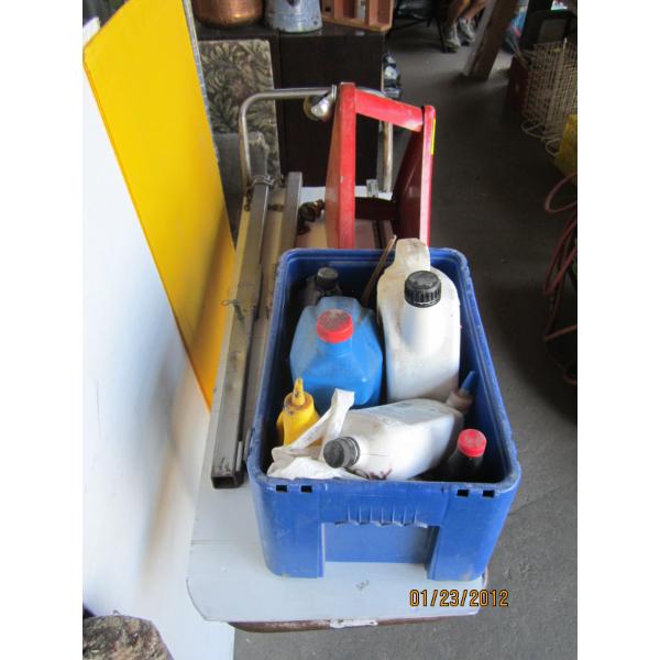 BIN OF OILS, ROLLING MECHANIC'S CART & CAMPER BARS