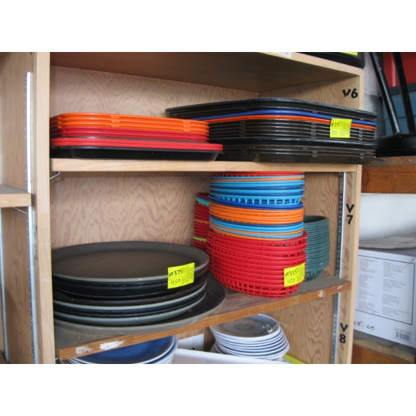 LG. LOT OF ASST. SERVING TRAYS, PLASTIC BASKETS, ETC.