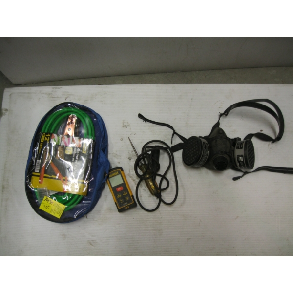 DEWALT DISTANCE METER, JUMPER CABLES, MASK, ETC.
