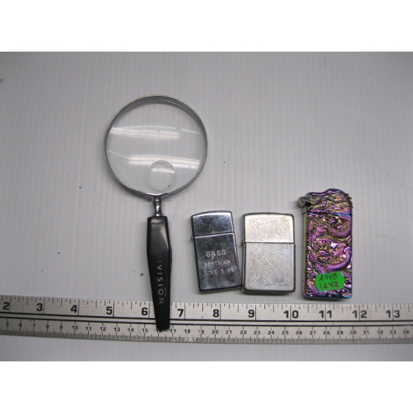 3 LIGHTERS & A MAGNIFYING GLASS