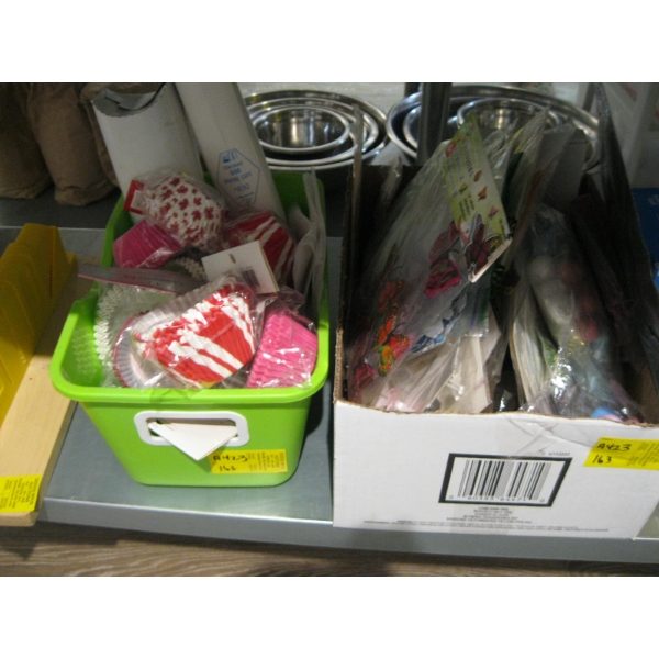 BOX & BIN OF MISC. CAKE DECORATING ITEMS, CUPCAKE CUPS, ETC.