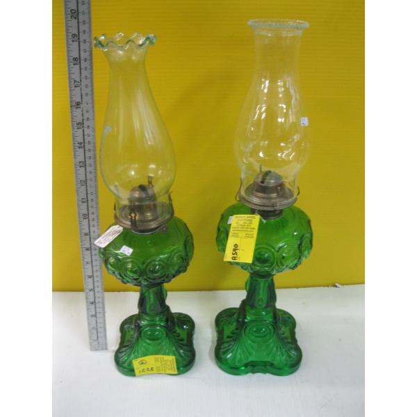 2 GREEN GLASS BULLSEYE OIL LAMPS