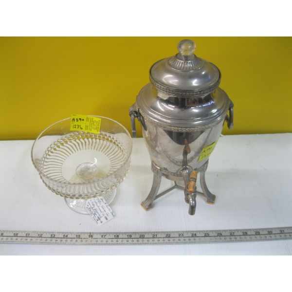 TIFFEN GLASS BOWL & A VINTAGE PERCOLATOR COFFEE MAKER - MISSING CORD