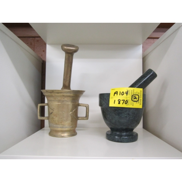 1 MARBLE MORTAR & PESTLE & BRASS MORTAR & PESTLE
