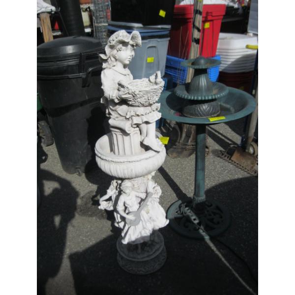 2 GARDEN PIECES - FOUNTAIN/BIRD BATH W/ELECTRIC PUMP & A DECORATIVE FIGURINE (DAMAGED)
