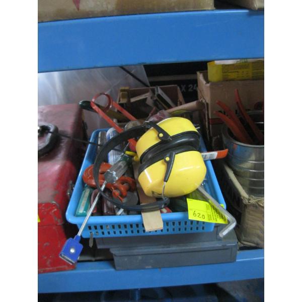 BIN W/ASST. TOOLS, 2 GREY CASES & A BOX W/MISC. TOOLS, STAPLER, ETC.