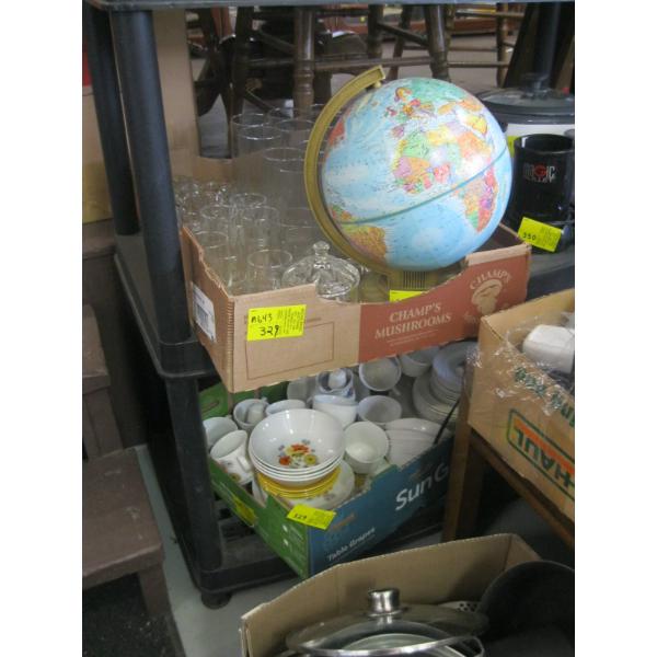GLOBE & LOT OF GLASSWARE & BOX OF ASST. DISHWARE
