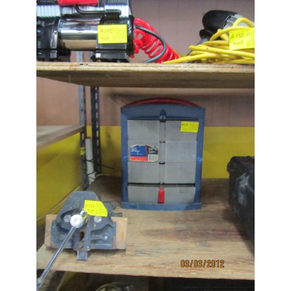 BENCH VISE & A MULTI DRAWER STORAGE CABINET