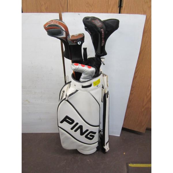 WHITE GOLF BAG W/ASST. PING CLUBS, ETC.