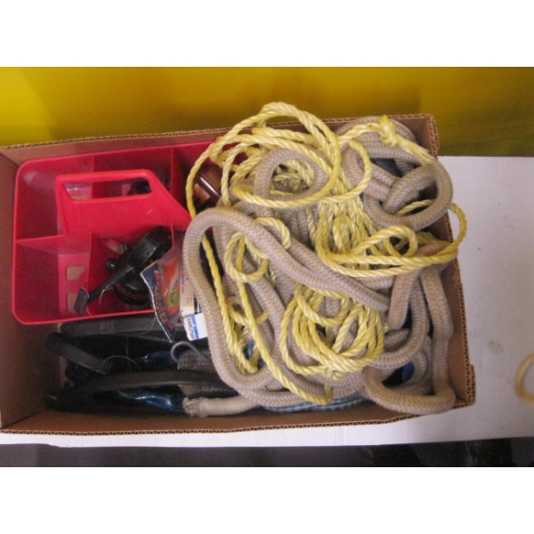 ASST. RUBBER TIEDOWNS, FISHING ITEMS, ROPE, ETC.