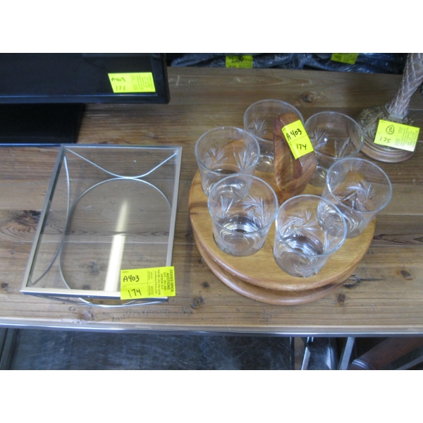 WOOD W/CRYSTAL GLASSES SERVING SET & SM. GLASS HOLDER