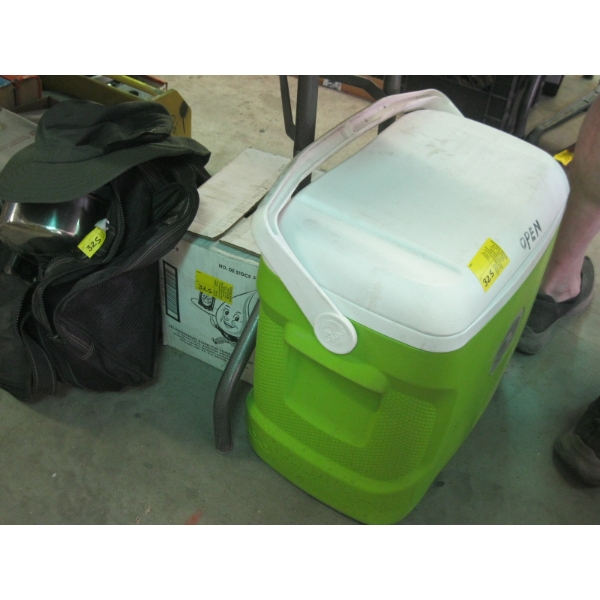 IGLOO PORTABLE COOLER, BOX OF GOLF BALLS, HAT, CAMPING GEAR, ETC.