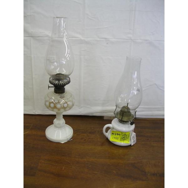 2 MILK GLASS BASED OIL LANTERNS