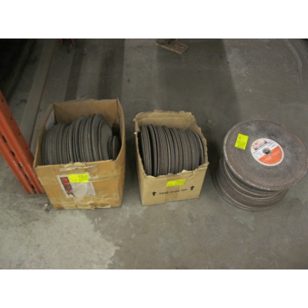 2 BOXES & PILE OF ASST. USED CUTOFF SAW BLADES
