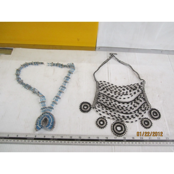 HANDMADE NECKLACE W/BLUE BEADS & PINS & HANDMADE BEADED NECKLACE